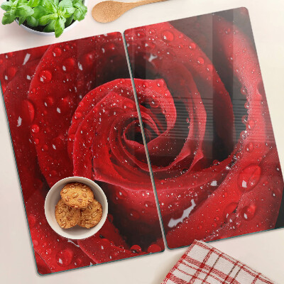 Sklenená doska na krájanie Červená ruža s kvapkami vody