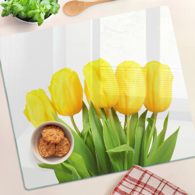 Sklenená doska na krájanie Žlté tulipány na zelenom pozadí