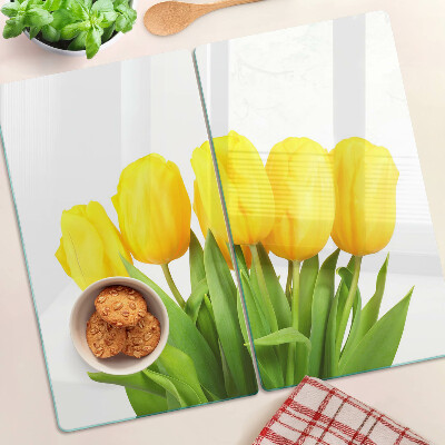 Sklenená doska na krájanie Žlté tulipány na zelenom pozadí