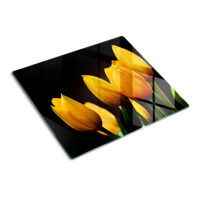 Sklenená doska na krájanie Žlté tulipány na čiernom pozadí