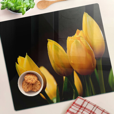 Sklenená doska na krájanie Žlté tulipány na čiernom pozadí
