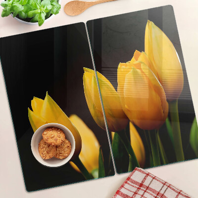 Sklenená doska na krájanie Žlté tulipány na čiernom pozadí
