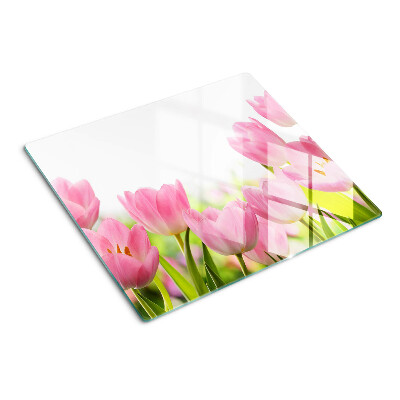 Sklenená doska na krájanie Ružové tulipány v záhrade