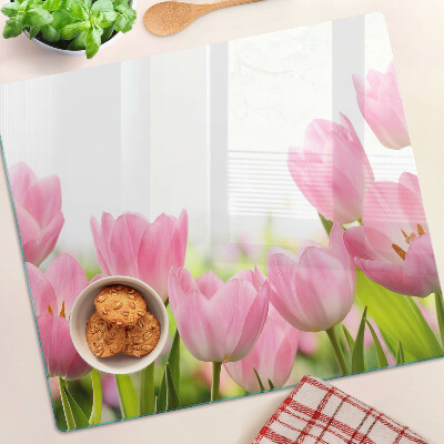 Sklenená doska na krájanie Ružové tulipány v záhrade