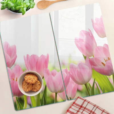 Sklenená doska na krájanie Ružové tulipány v záhrade