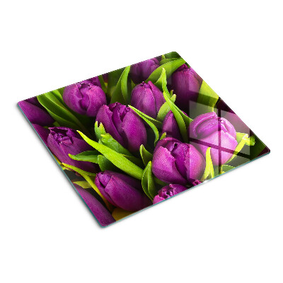 Sklenená doska na krájanie Fialové tulipány so zelenými listami
