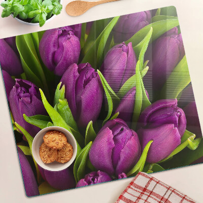Sklenená doska na krájanie Fialové tulipány so zelenými listami