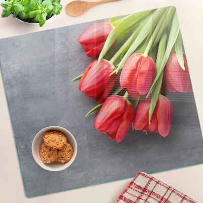 Sklenená doska na krájanie Tulipány na sivom pozadí