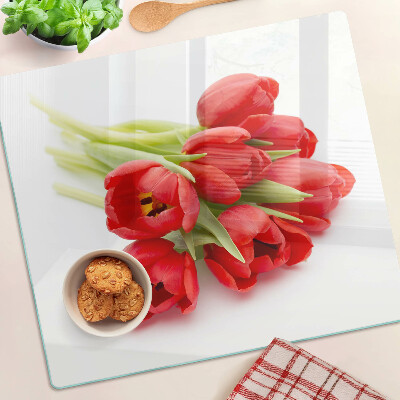 Sklenená doska na krájanie Červené tulipány na bielom pozadí