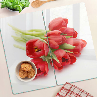 Sklenená doska na krájanie Červené tulipány na bielom pozadí