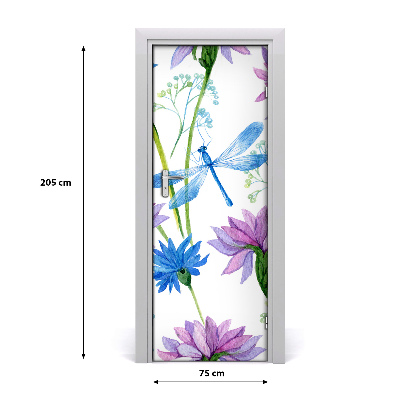Samolepiace fototapety na dvere kvetiny i ważka