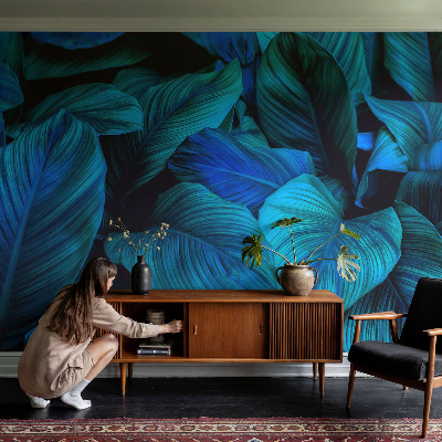 Moderná tapeta na stenu Modré listy