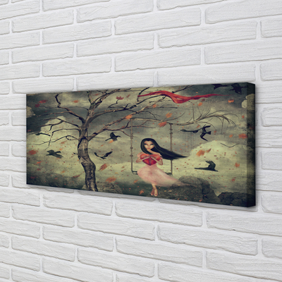 Obraz canvas Strom vtáky mraky dievča rocková