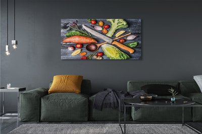 Obraz canvas Nôž vlákna priadze špenát paradajky