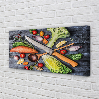 Obraz canvas Nôž vlákna priadze špenát paradajky