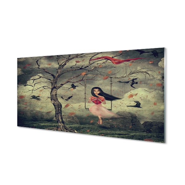 Sklenený obraz Strom vtáky mraky dievča rocková