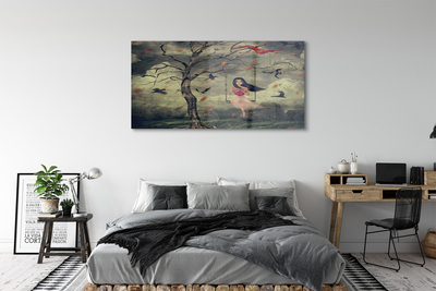 Sklenený obraz Strom vtáky mraky dievča rocková