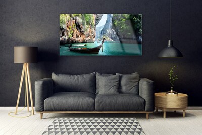Obraz na skle Loď jazero skaly krajina
