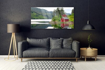 Obraz na skle Hory dom jazero príroda