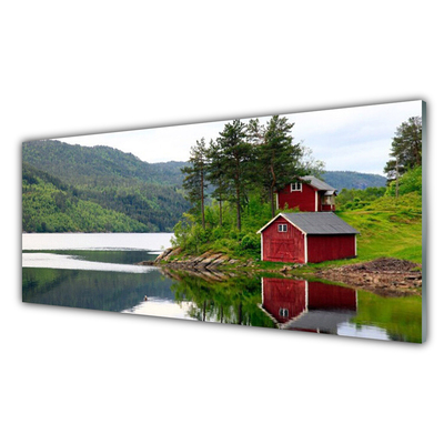 Obraz na skle Hory dom jazero príroda