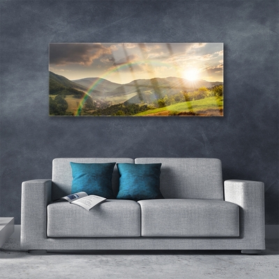 Skleneny obraz Lúka hory západ slnka