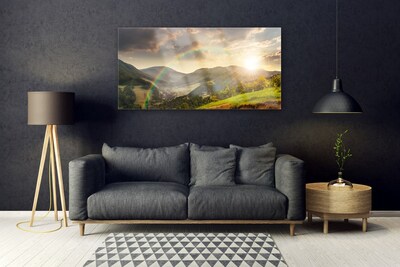 Skleneny obraz Lúka hory západ slnka