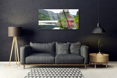 Obraz na akrylátovom skle Hory dom jazero príroda