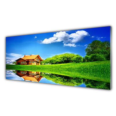 Obraz na akrylátovom skle Dom jazero tráva príroda