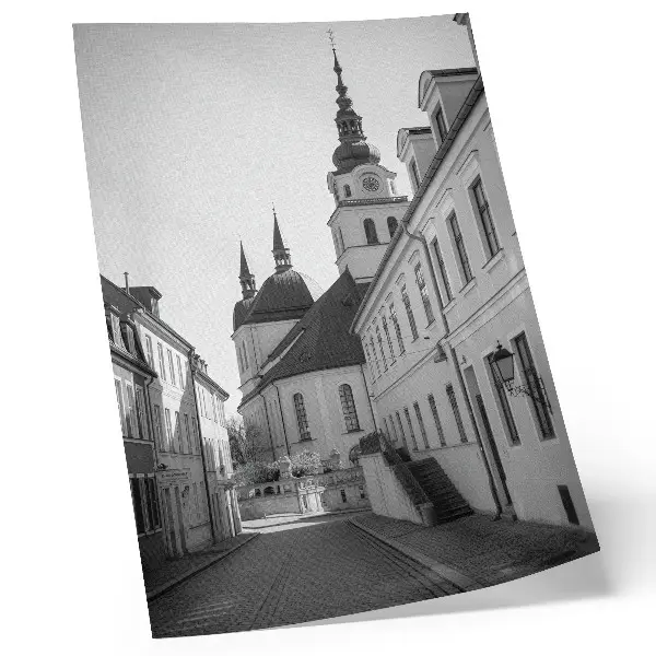 Plagát historické budovy s elegantnými architektonickými detailmi
