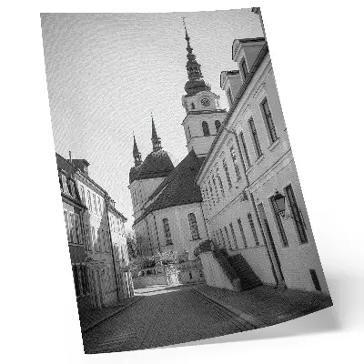 Plagát historické budovy s elegantnými architektonickými detailmi