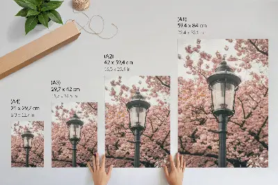 Plagát na stenu ružové stromy s čiernym lampášom s nostalgickou atmosférou
