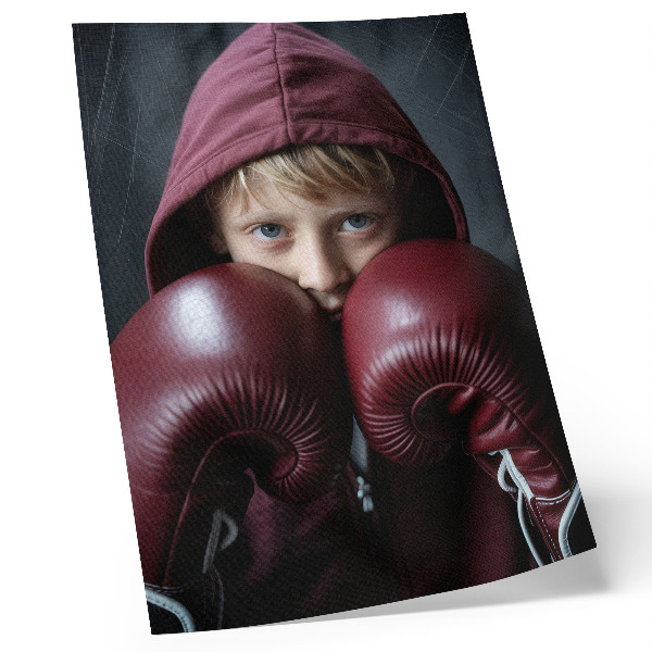 Plagát do obývačky Dieťa v bordovej mikine s boxerkami a minimalizmom v rukaviciach