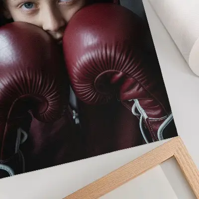 Plagát do obývačky dieťa v bordovej mikine s boxerskými rukavicami v minimalistickom štýle