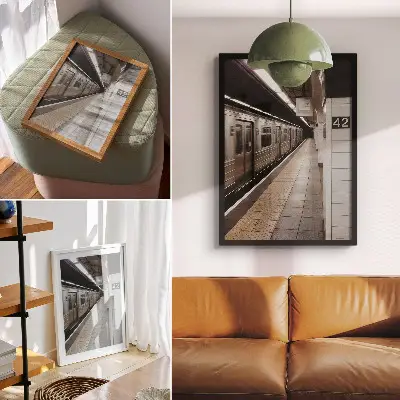 Plagát moderné nástupište metra s dynamickým architektonickým priestorom