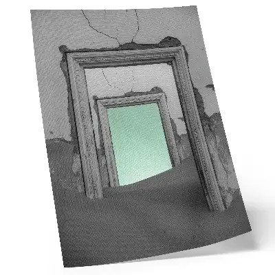 Plagát do obývačky zelená púšť s opustenými budovami v štýle surrealizmu