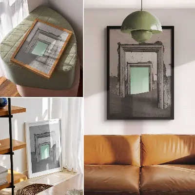 Plagát do obývačky zelená púšť s opustenými budovami v štýle surrealizmu