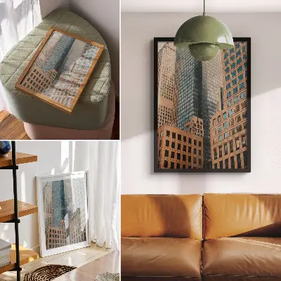 Plagát moderné mrakodrapy s geometrickými tvarmi v elegantnom štýle