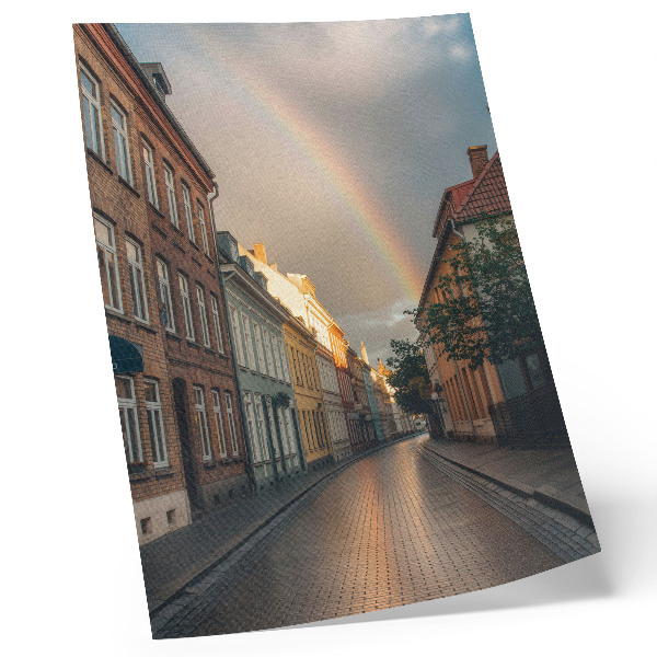 Poster na stenu Farebné činžiakové domy, dúha, zamračená obloha