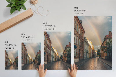 Poster na stenu Farebné činžiakové domy, dúha, zamračená obloha
