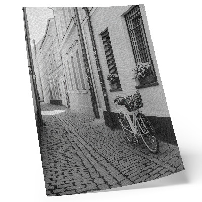 Plagát do obývačky Ulica, činžiakové domy, kvety, bicykel, čiernobiele