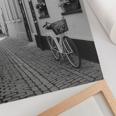 Plagát do obývačky Ulica, činžiakové domy, kvety, bicykel, čiernobiele