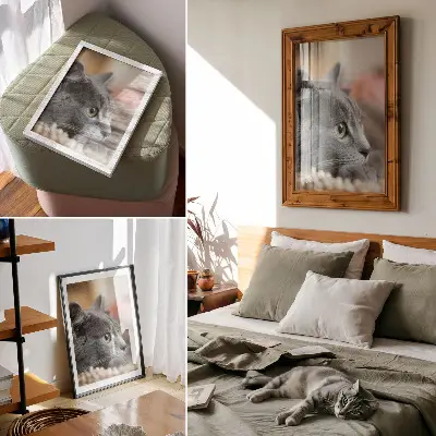 Plagát detailný záber na sivú mačku so zelenými očami