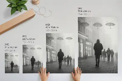 Plagát postava v klobúku v hmle s dáždnikmi s tajomnou atmosférou