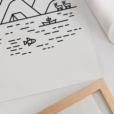 Plagát minimalistické línie hôr, jazera a zvierat