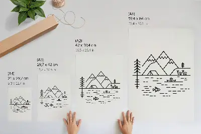 Plagát minimalistické línie hôr, jazera a zvierat