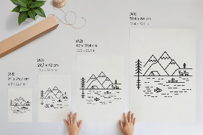 Plagát Minimalistické línie hôr jazero zvieratá