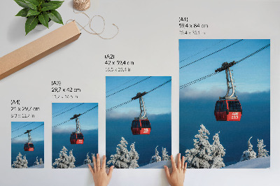 Plagát do obývačky Zimná krajina červená gondola biele stromy