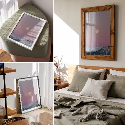 Plagát hory pri súmraku s mesiacom na pastelovej oblohe