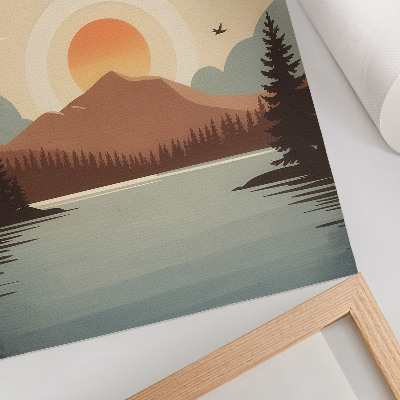 Poster na stenu krajina jazero hora západ slnka stromy tyrkysová béžová