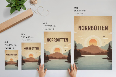 Poster na stenu krajina jazero hora západ slnka stromy tyrkysová béžová